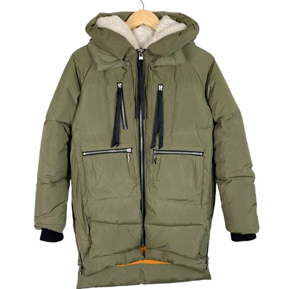 OROLAY Women's XS Thickened Down Hooded Coat Army Green Orange Lining - Picture 2 of 13